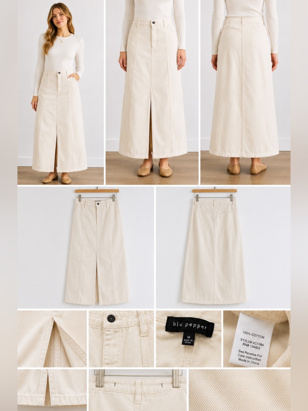 Blu Pepper Ivory Cotton Maxi Skirt Size M Front Slit